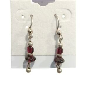 925 Sterling Silver Dangle Drop Earrings Czech Glass & Garnet Beads Balls Hook